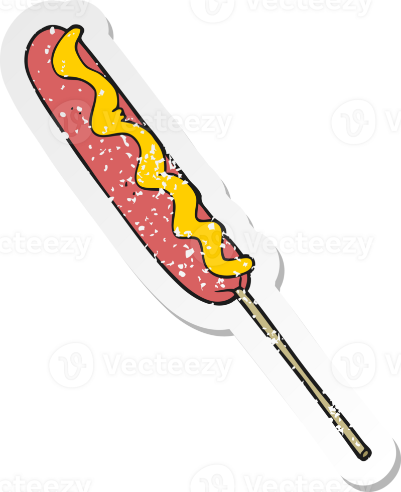 retro distressed sticker of a cartoon hotdog on a stick png