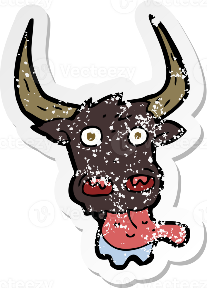 retro distressed sticker of a cartoon cow face png