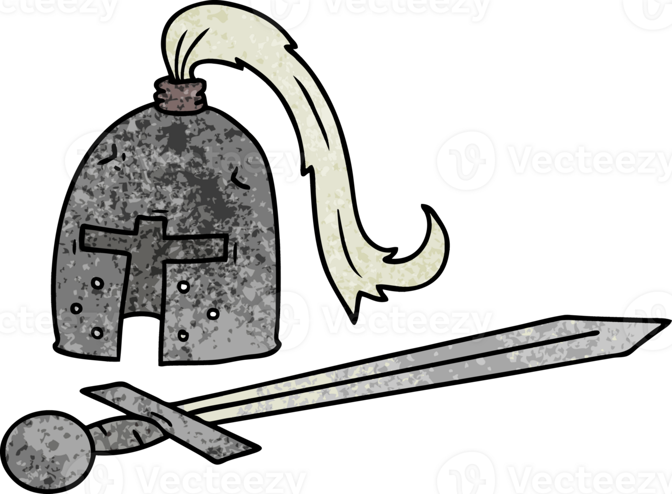 hand drawn textured cartoon doodle of a medieval helmet and sword png