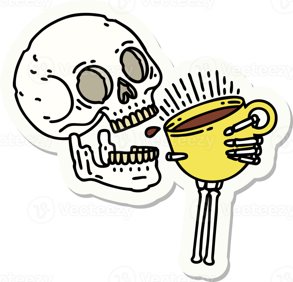 sticker of tattoo in traditional style of a skull drinking coffee png