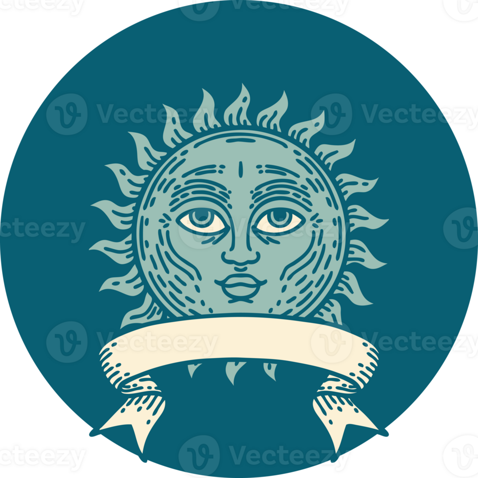 tattoo style icon with banner of a sun with face png