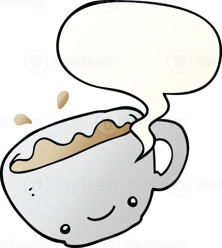 cartoon cup of coffee with speech bubble in smooth gradient style png