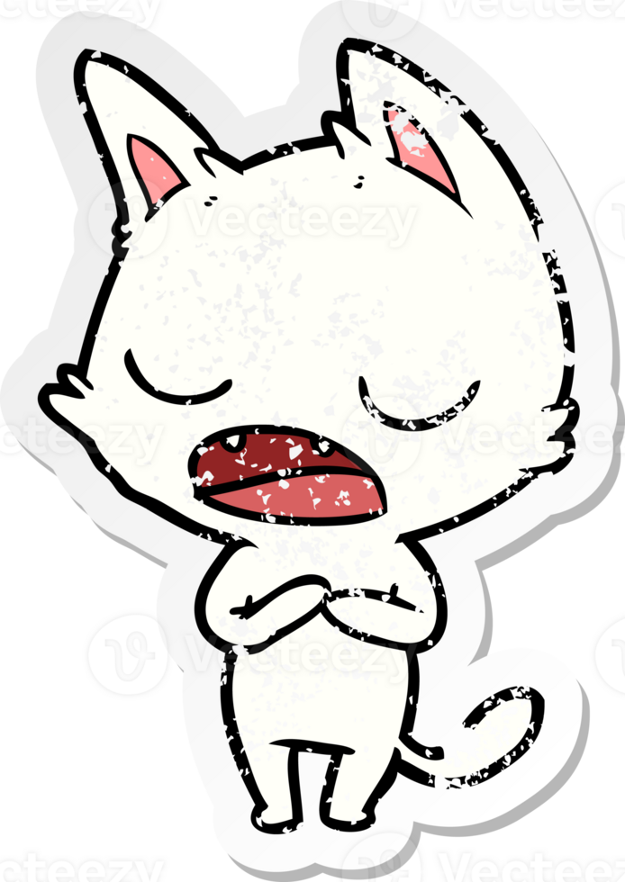 distressed sticker of a talking cat cartoon png