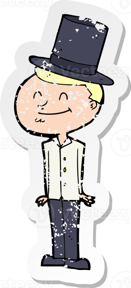 retro distressed sticker of a cartoon man wearing top hat png