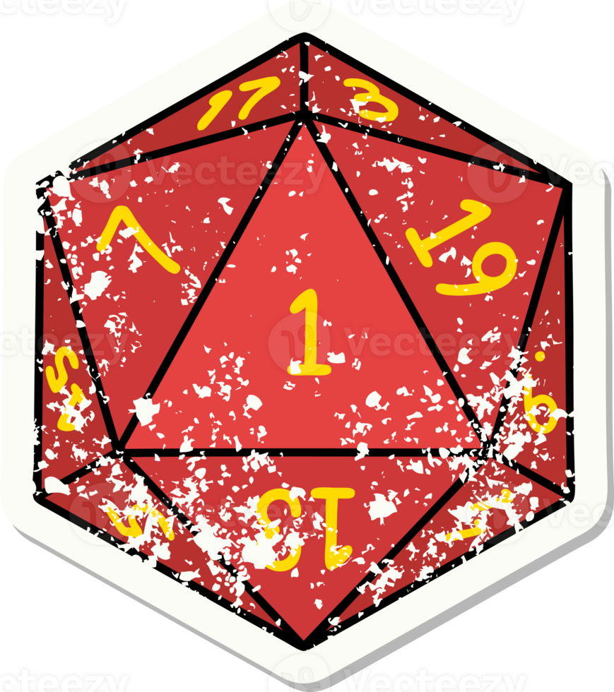 grunge sticker of a natural 1 D20 dice roll png