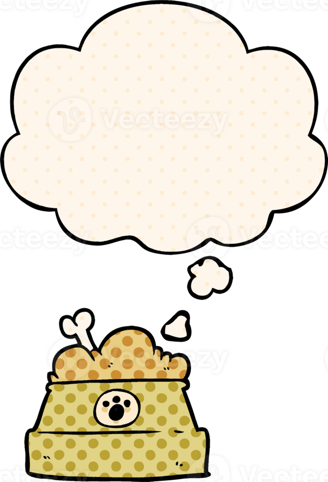 cartoon bowl of dog food with thought bubble in comic book style png