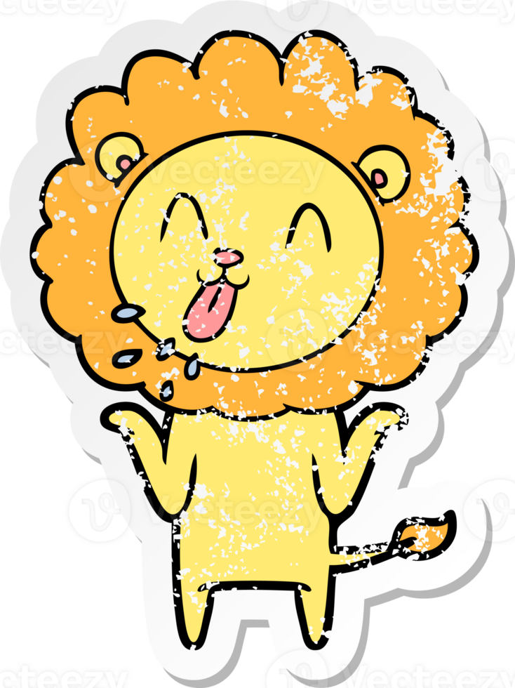 distressed sticker of a happy cartoon lion png