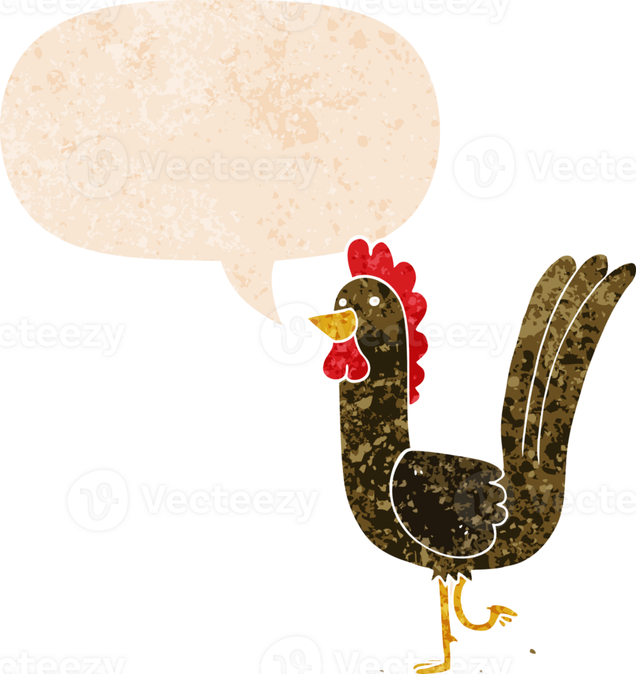 cartoon rooster with speech bubble in grunge distressed retro textured style png