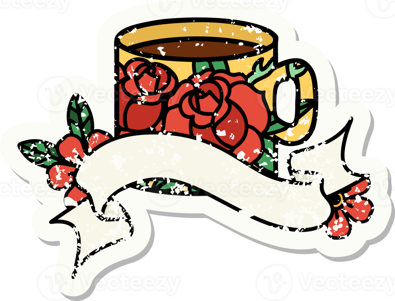 worn old sticker with banner of a cup and flowers png