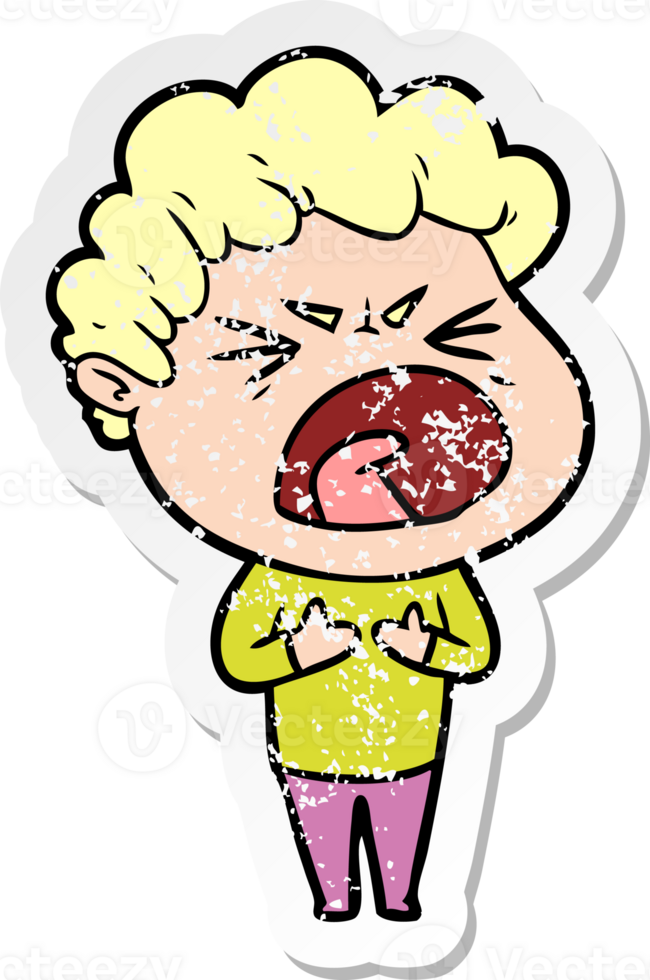 distressed sticker of a cartoon furious man png