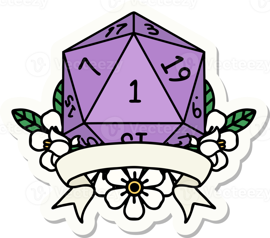 sticker of a natural one d20 dice roll png