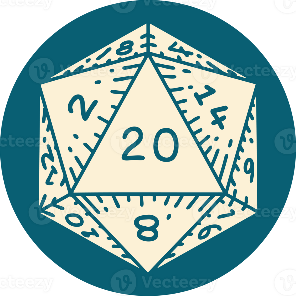 Retro Tattoo Style natural 20 D20 dice roll png