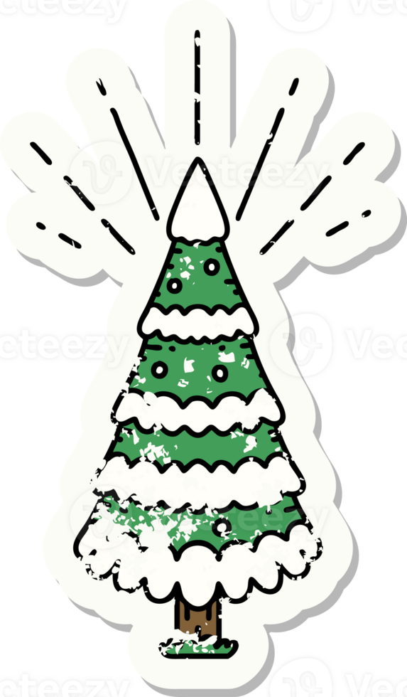 worn old sticker of a tattoo style snow covered pine tree png