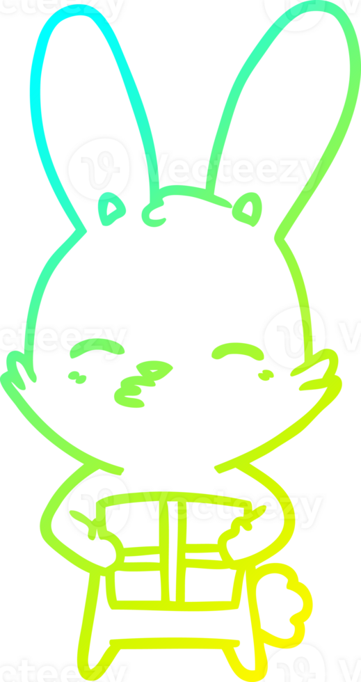 cold gradient line drawing of a curious bunny cartoon with present png