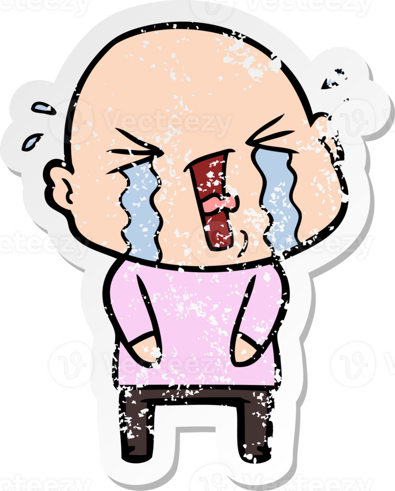 distressed sticker of a cartoon crying bald man png