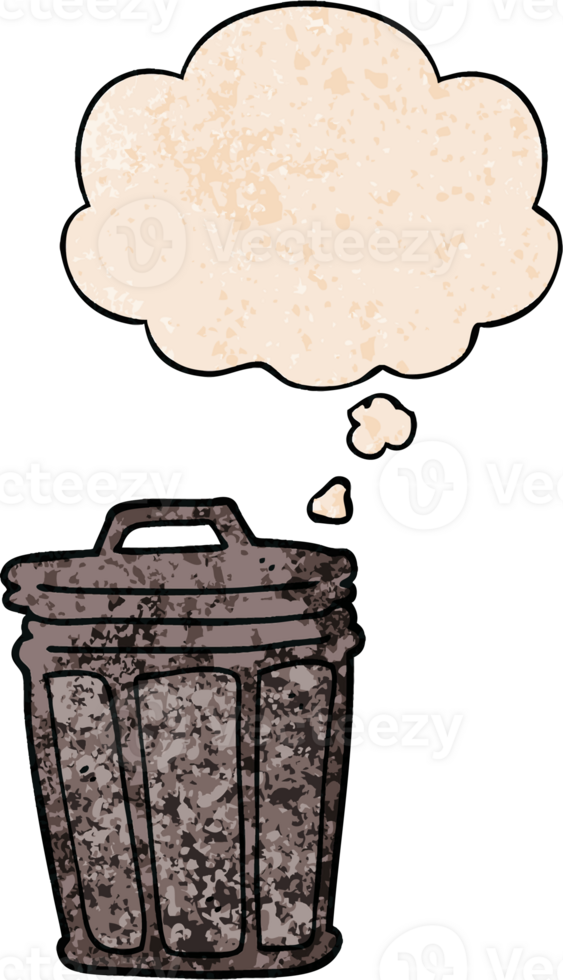 cartoon trash can with thought bubble in grunge texture style png