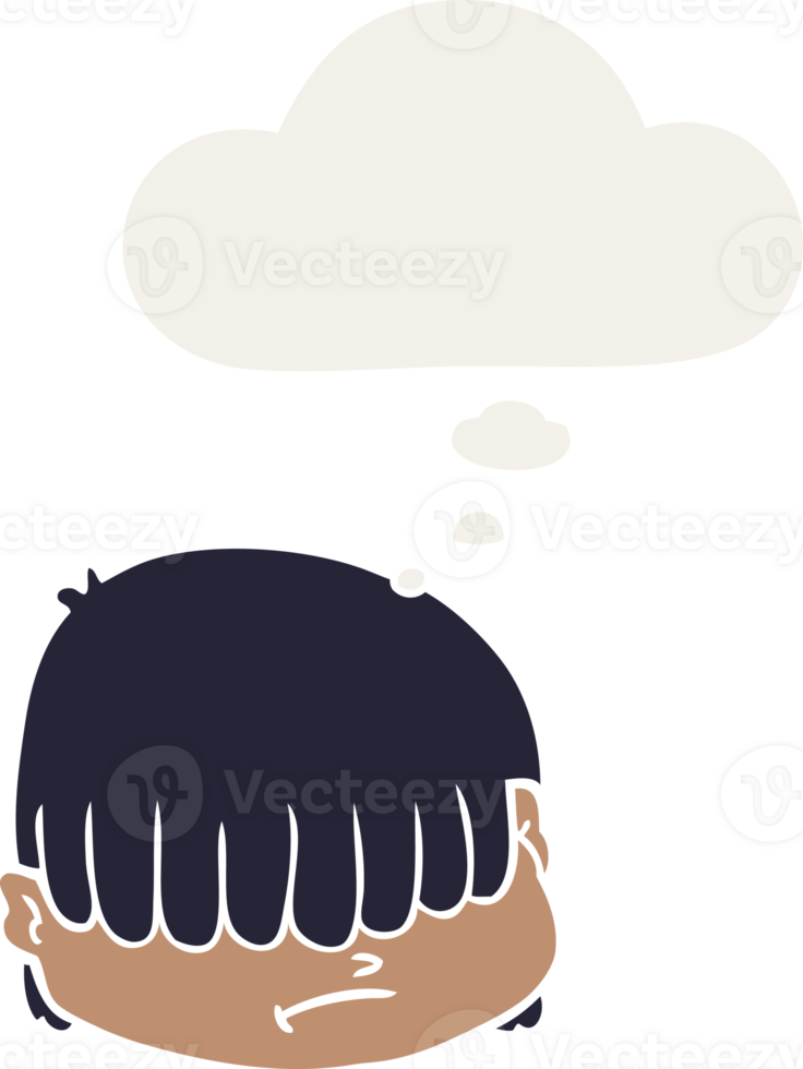 cartoon face with hair over eyes with thought bubble in retro style png