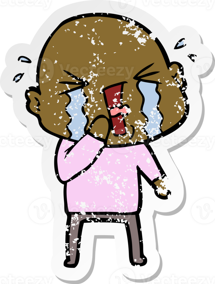 distressed sticker of a cartoon crying bald man png