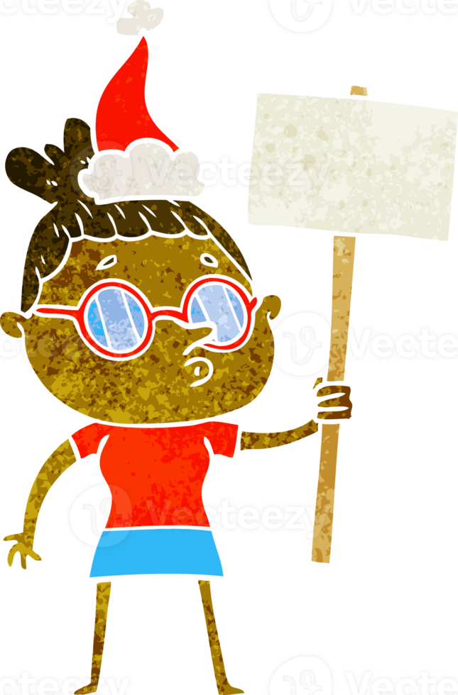 hand drawn retro cartoon of a woman wearing glasses wearing santa hat png