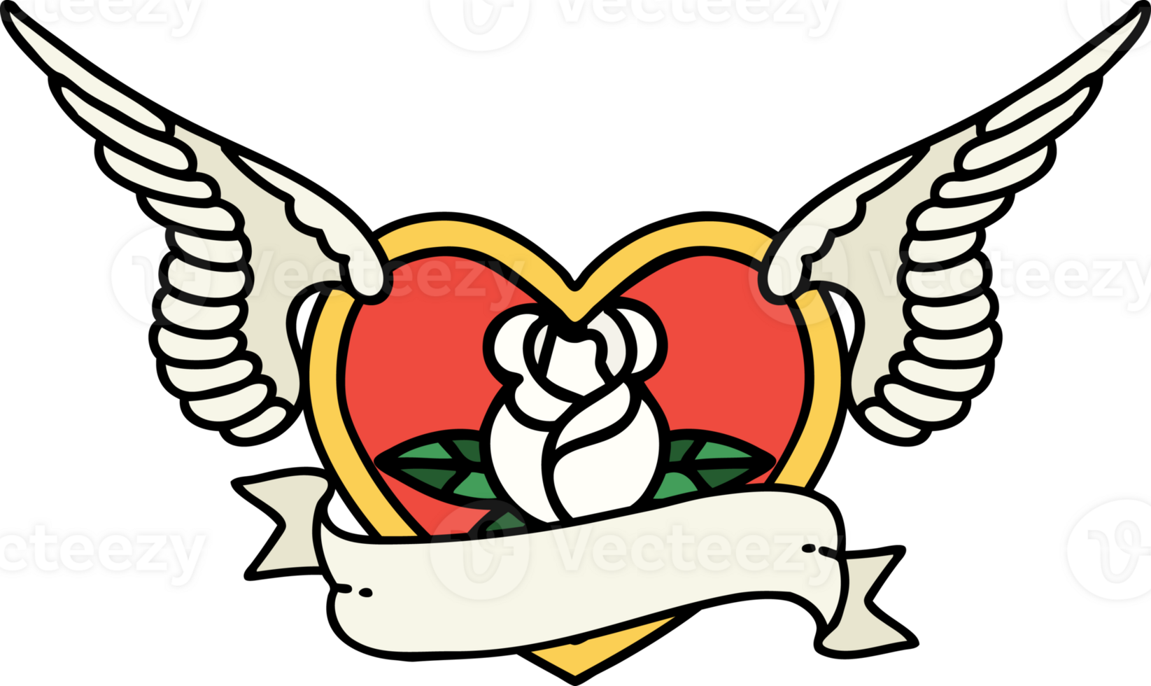 tattoo in traditional style of a flying heart with flowers and banner png