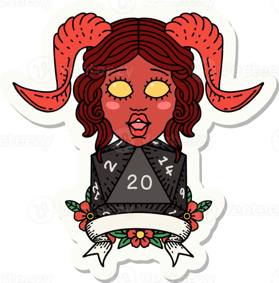 sticker of a happy tiefling with natural 20 png