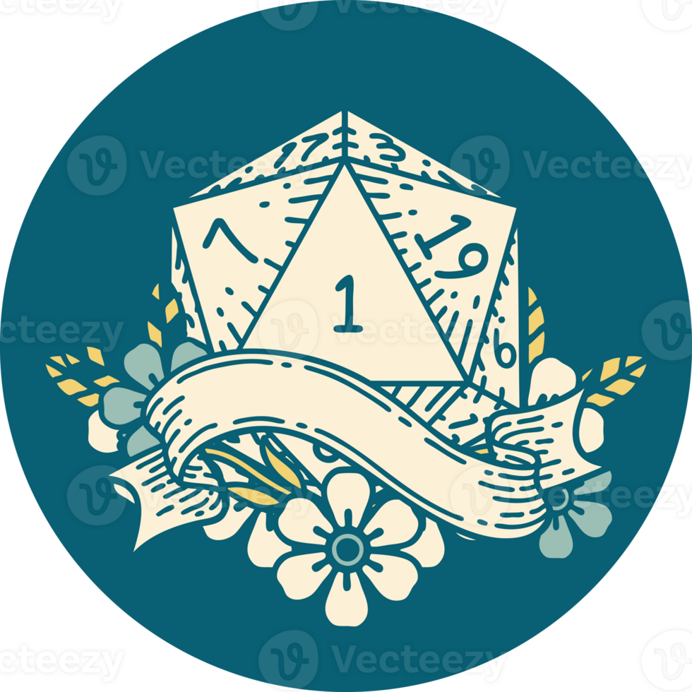Retro Tattoo Style natural one d20 dice roll png