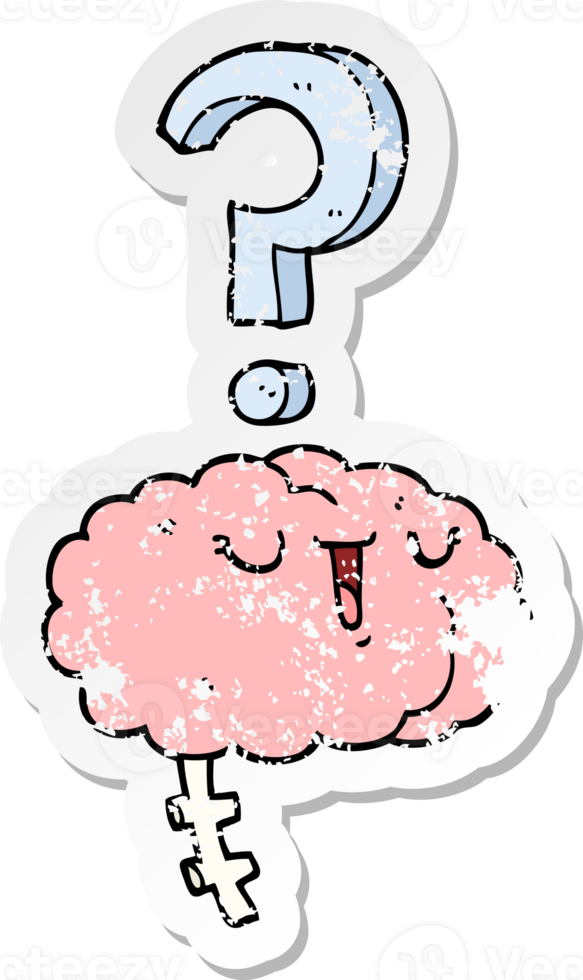 distressed sticker of a cartoon curious brain png