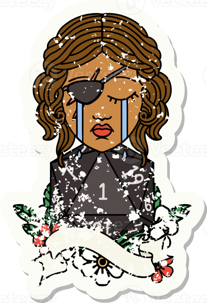 Retro Tattoo Style crying human rogue with natural one D20 roll png