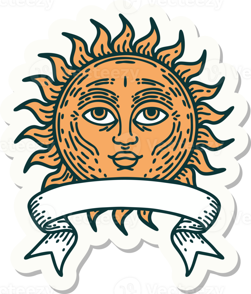 tattoo style sticker with banner of a sun with face png