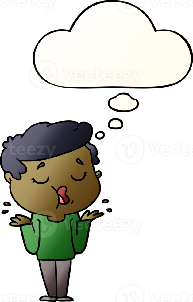 cartoon man talking and shrugging shoulders with thought bubble in smooth gradient style png