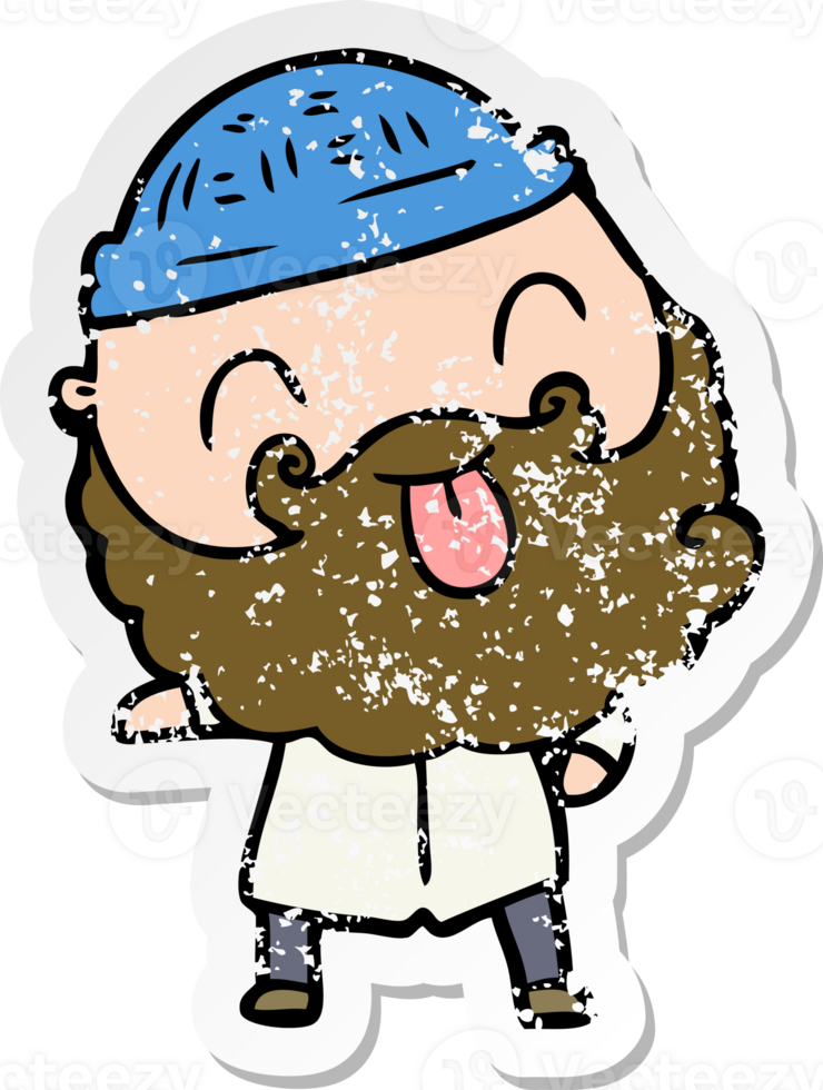 distressed sticker of a man with beard sticking out tongue png