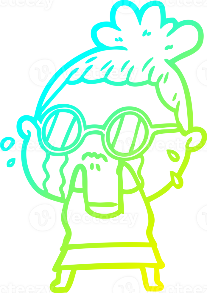 cold gradient line drawing of a cartoon crying woman wearing sunglasses png