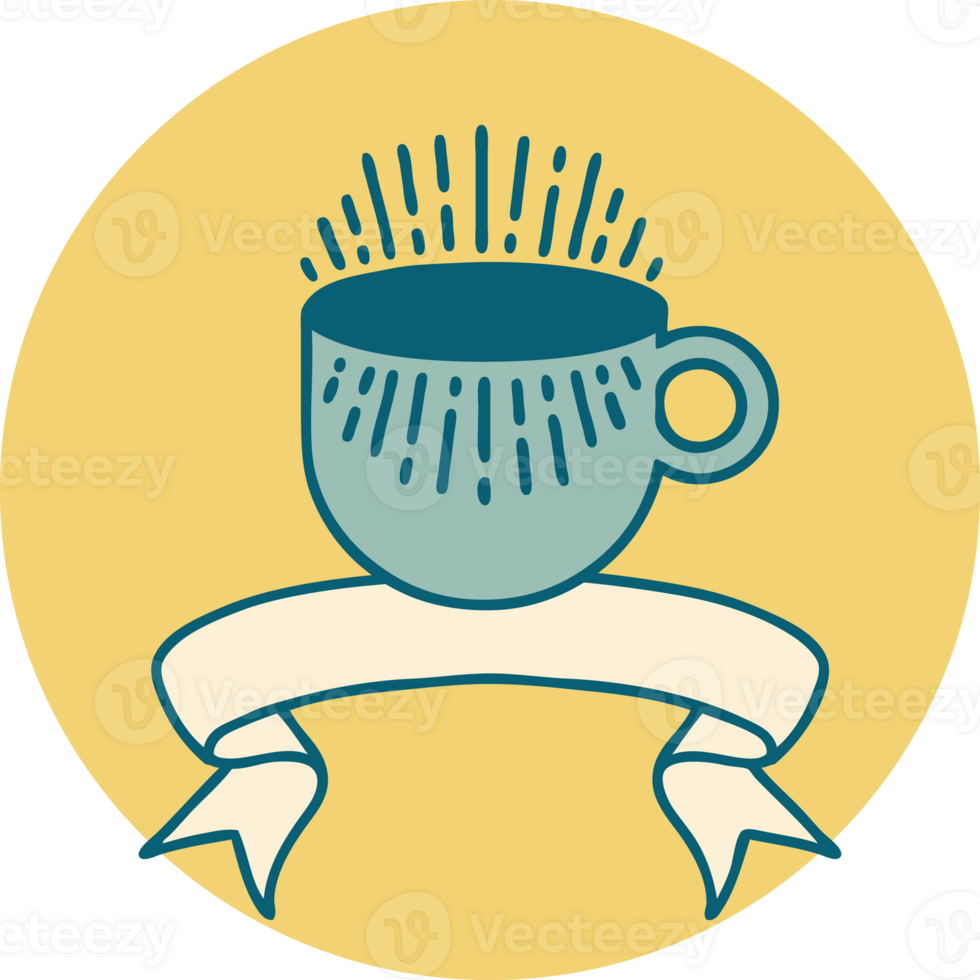 tattoo style icon with banner of cup of coffee png