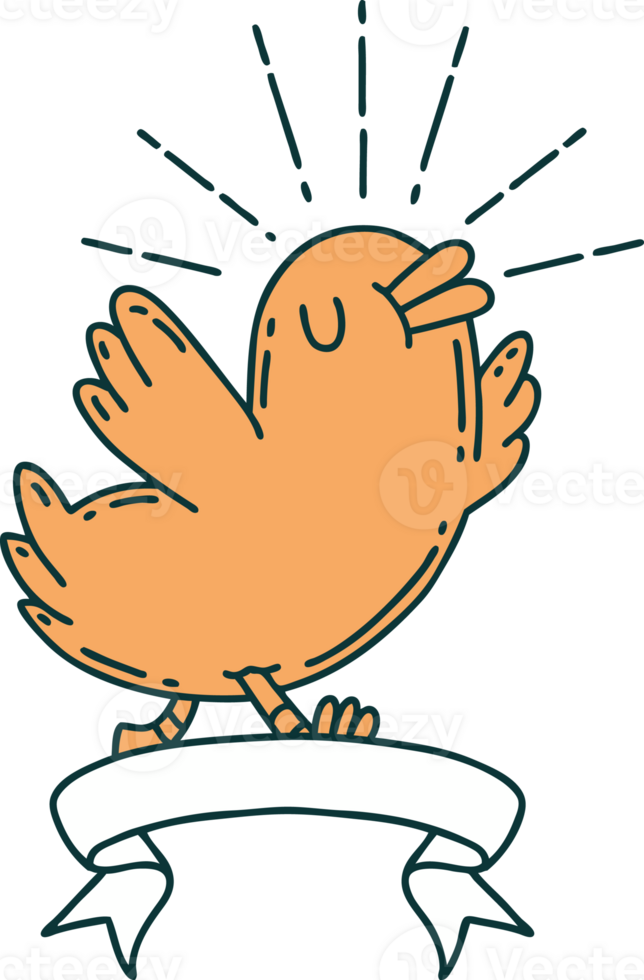 scroll banner with tattoo style happy bird png