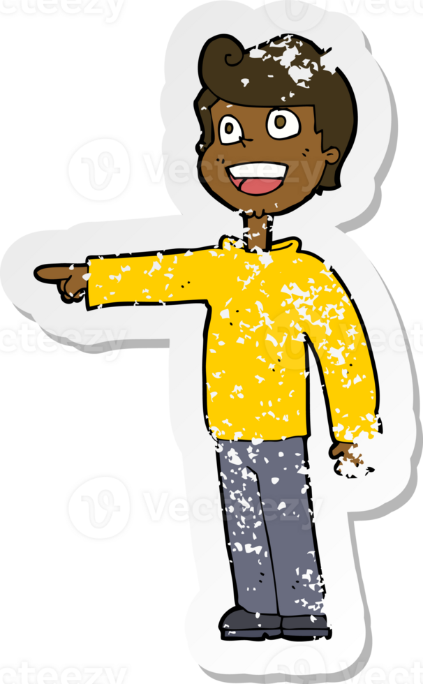 retro distressed sticker of a cartoon man pointing and laughing png