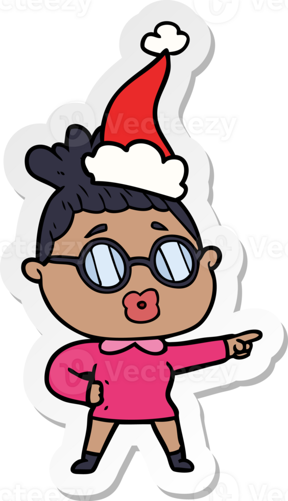 hand drawn sticker cartoon of a pointing woman wearing spectacles wearing santa hat png