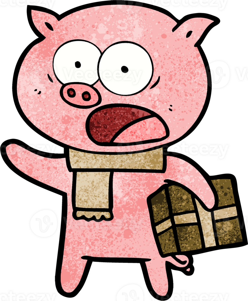 cartoon pig with christmas present png