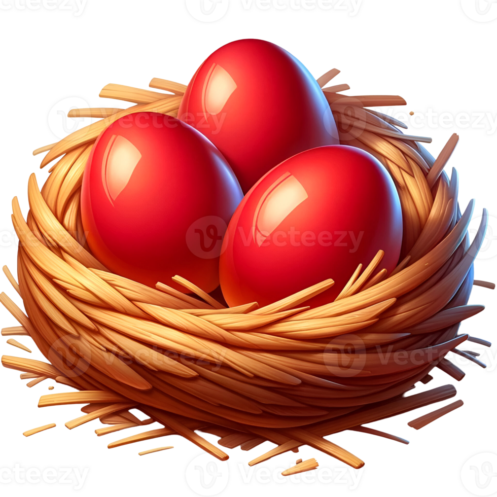 3d Illustration of three red easter eggs in a nest png