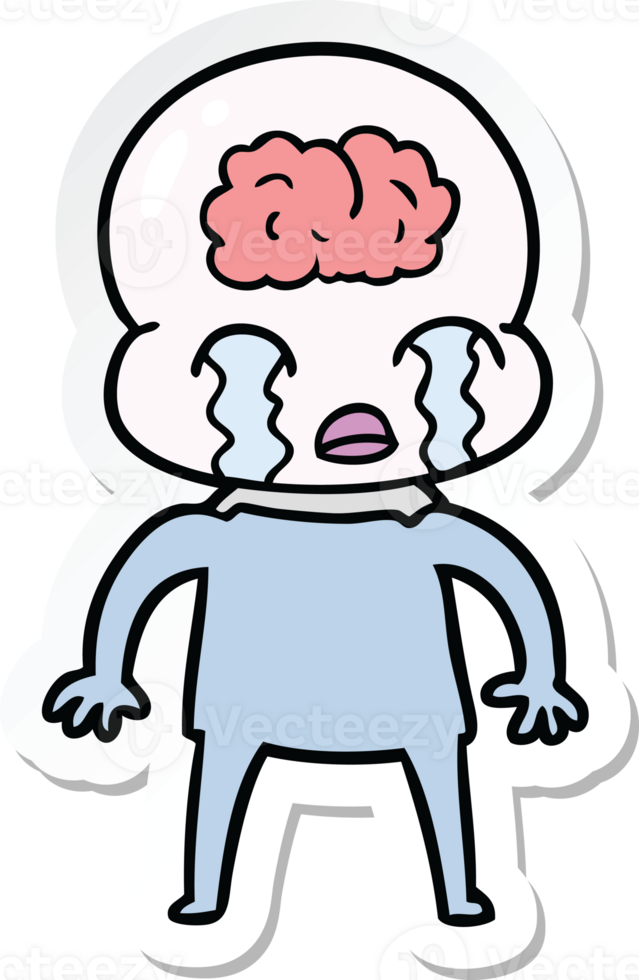 sticker of a cartoon big brain alien crying png