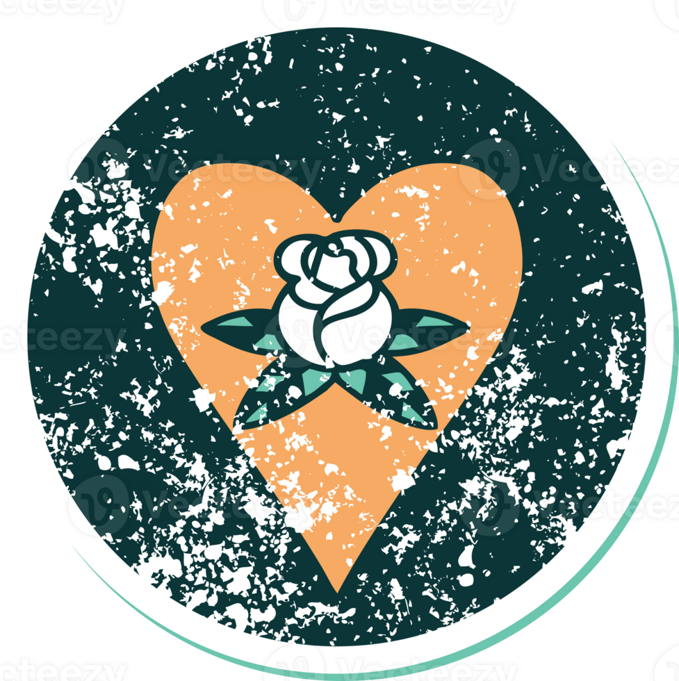 iconic distressed sticker tattoo style image of a heart and flowers png