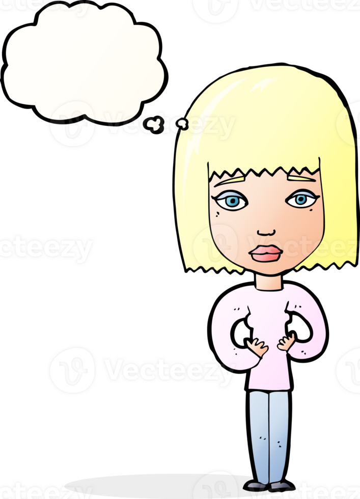 cartoon woman indicating self with thought bubble png