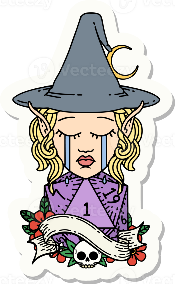 sticker of a crying elf mage character face with natural one D20 roll png