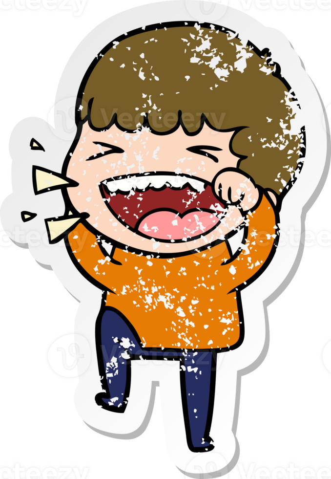 distressed sticker of a cartoon laughing man png