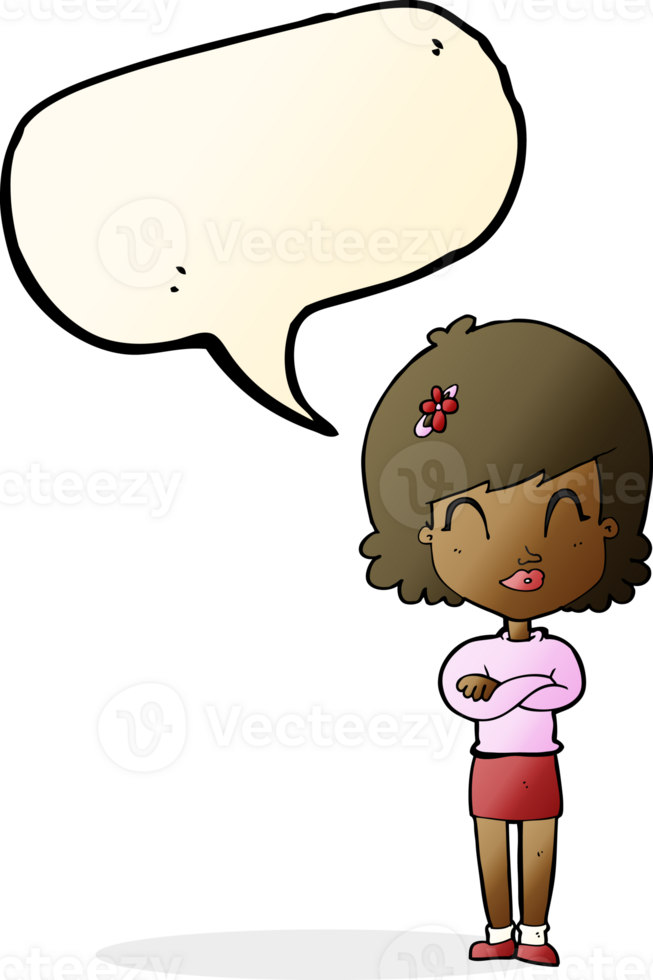 cartoon happy woman with folded arms with speech bubble png