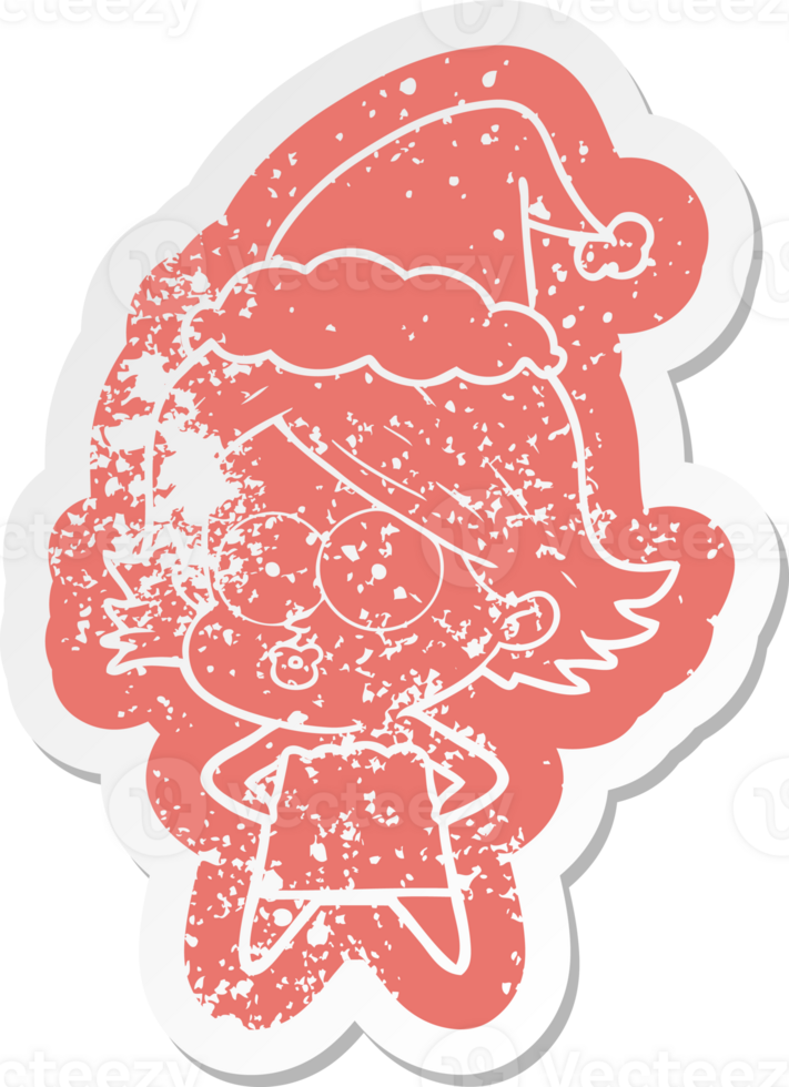 quirky cartoon distressed sticker of a girl pouting wearing santa hat png