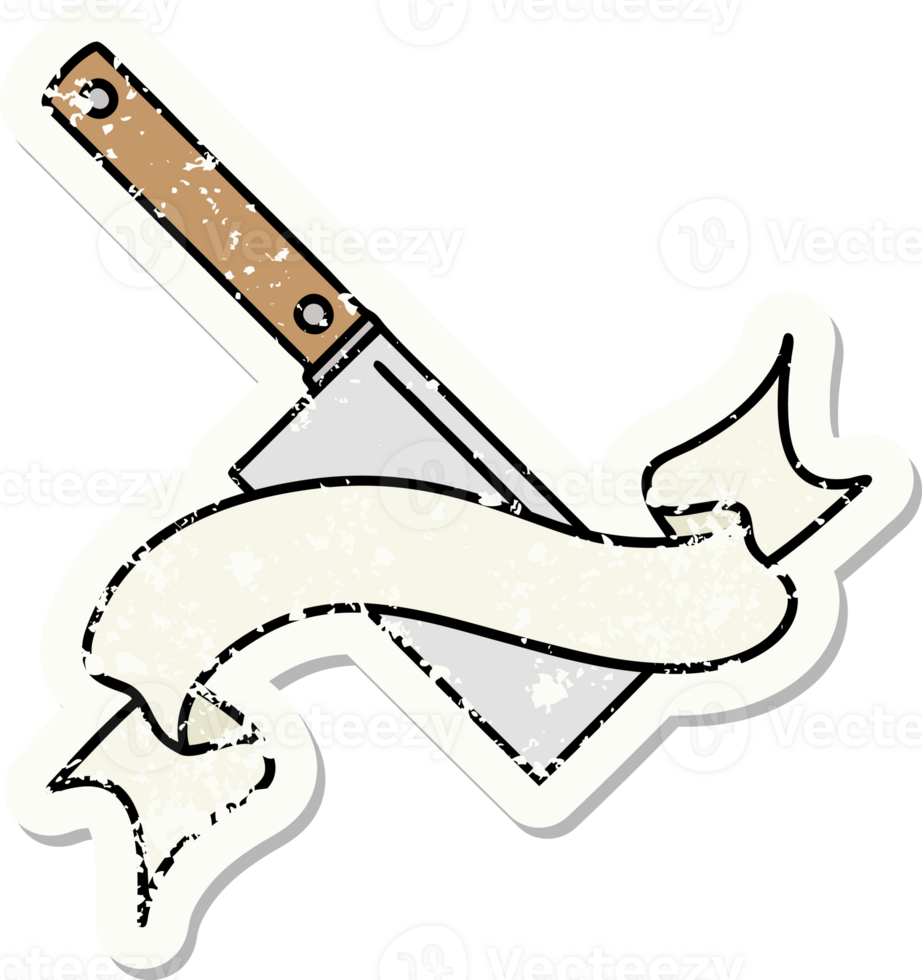 worn old sticker with banner of a meat cleaver png