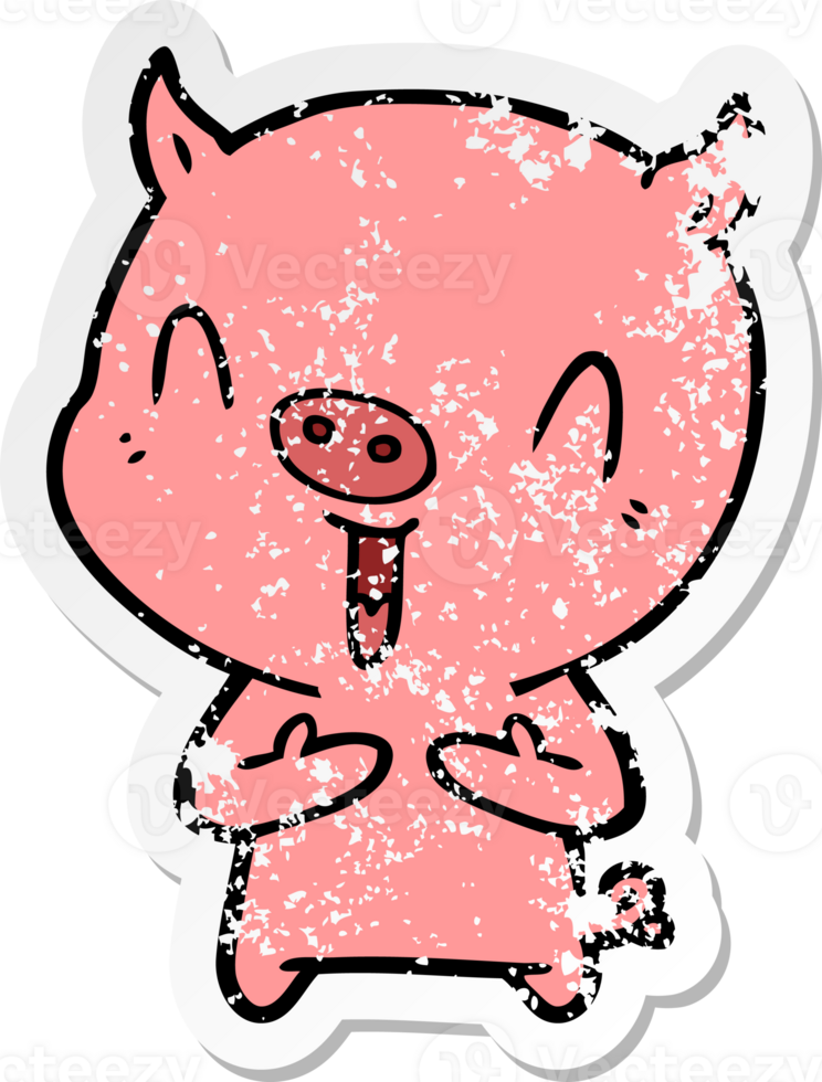 distressed sticker of a happy cartoon pig png