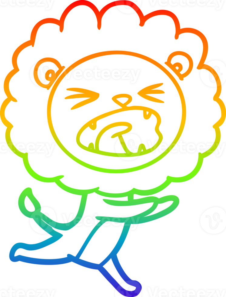 rainbow gradient line drawing of a cartoon running lion png