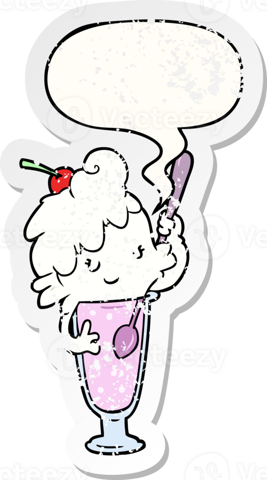 cartoon ice cream soda girl with speech bubble distressed distressed old sticker png