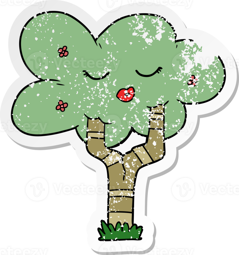 distressed sticker of a cartoon tree with face png